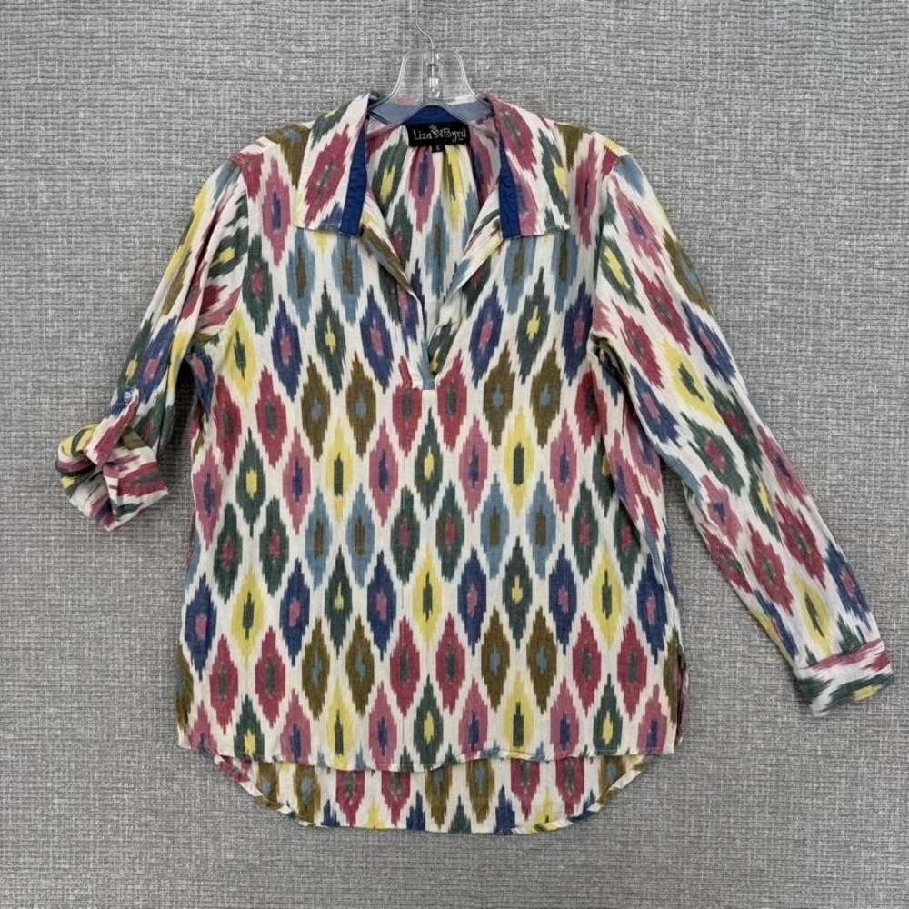 Liza Byrd Boho Blouse Womens S Multicolor Tunic Collared‎ Roll Tab Sleeve Cotton